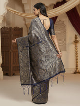 Women's Silk Blend Navy Blue Woven Design DesignerSaree With Blouse Piece